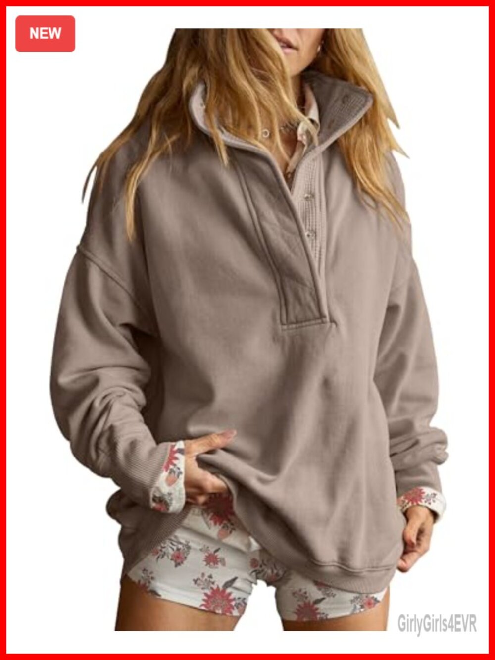 Oversized Henley Neck Sweatshirt Cotton Polyester Pullover